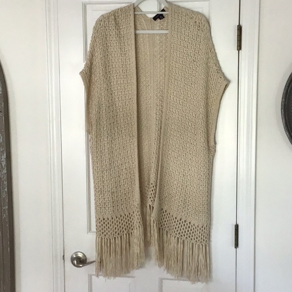 Beige Open-Front Fringe Knit Sweater Vest